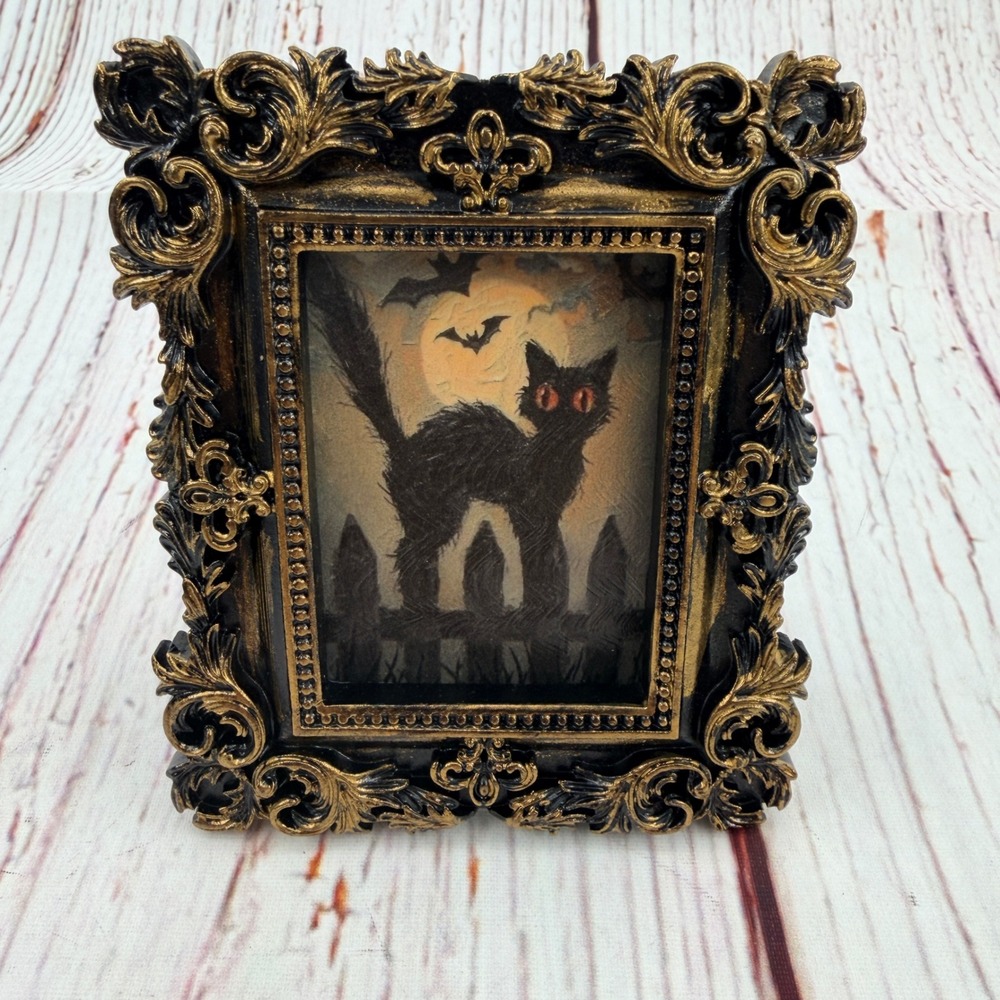 Handmade Gothic Black Cat Decoupage Art Ornate Gold Resin Frame Halloween Decor